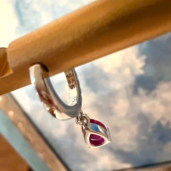 Lab Ruby Drop, Sterling Silver and CZ Huggie Hoops - stamped .925 - Picture 6 of 8